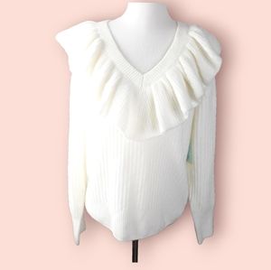 CeCe White Ruffled V-neck Size XS NWOT
